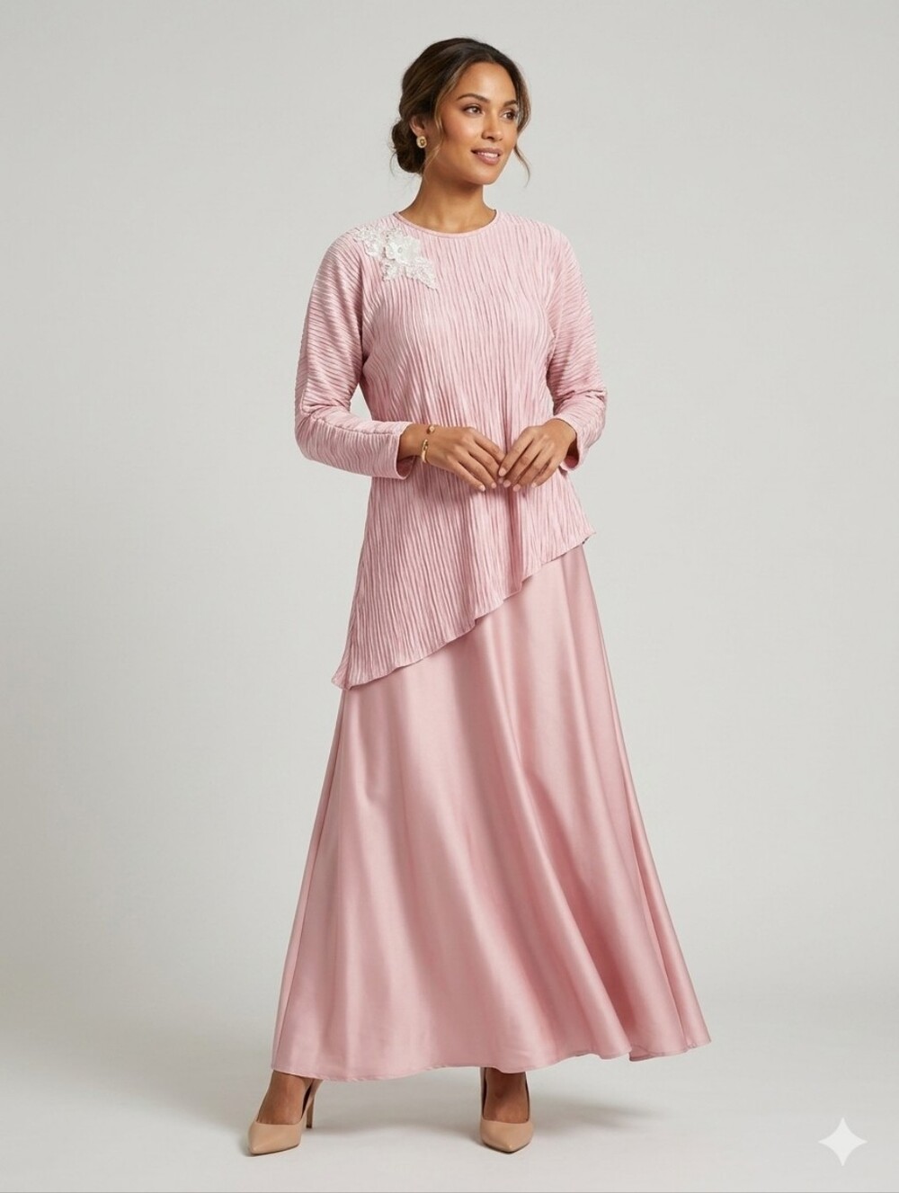Soft Pink Maxi Skirt Set with Pleated Overlay